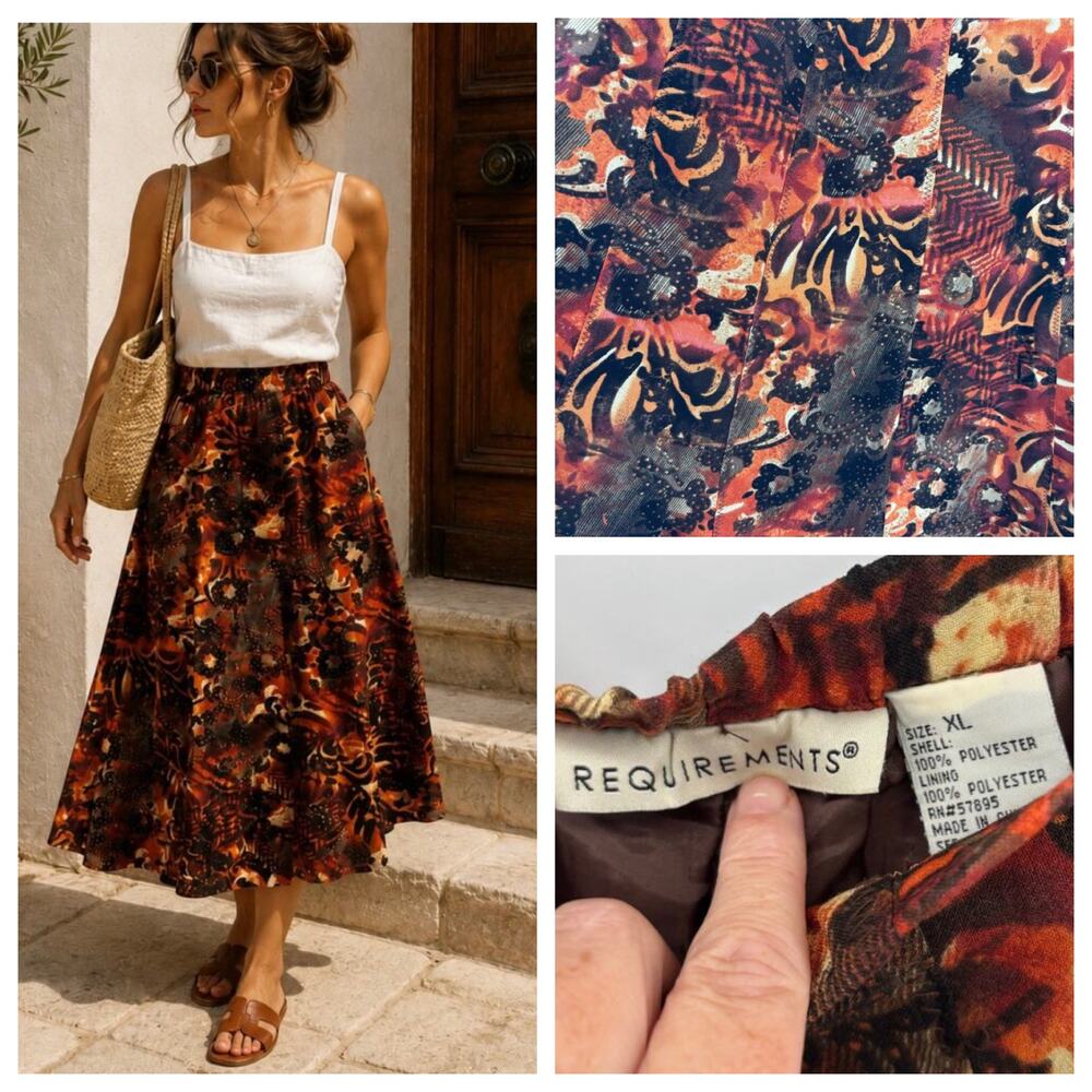 Vtg 90s Patchwork Animal Print Midi Skirt XL Pull On Elastic Abstract Boho Artsy